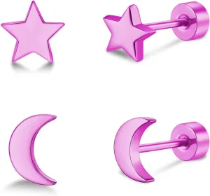 2 Pairs Flat Back Earrings Women, Titanium Star and Moon Earrings, Heart & CZ Flatback Stud, Butterfly & Lightning Screw Back, Crosses and Triangles Stud, Gold/Pink/Silver/Black Options