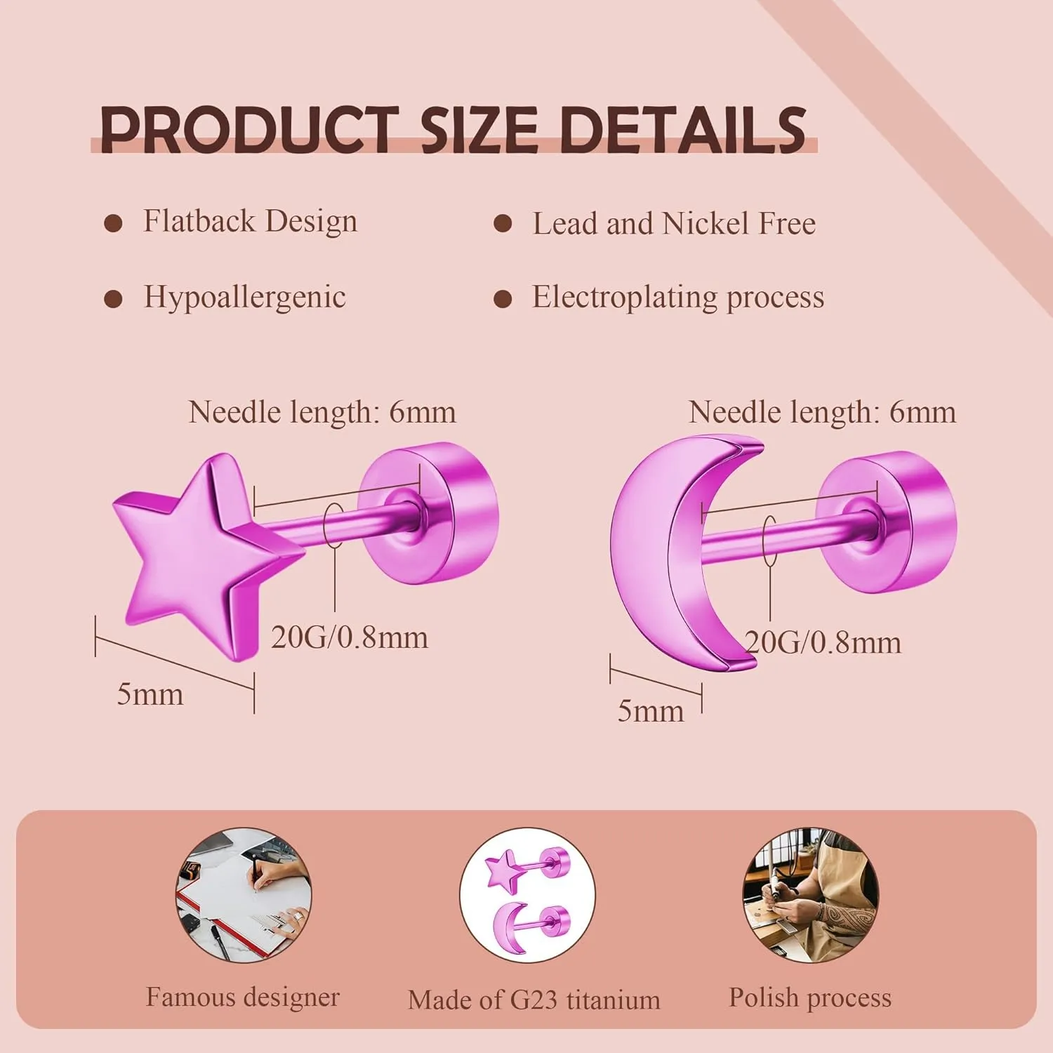 2 Pairs Flat Back Earrings Women, Titanium Star and Moon Earrings, Heart & CZ Flatback Stud, Butterfly & Lightning Screw Back, Crosses and Triangles Stud, Gold/Pink/Silver/Black Options