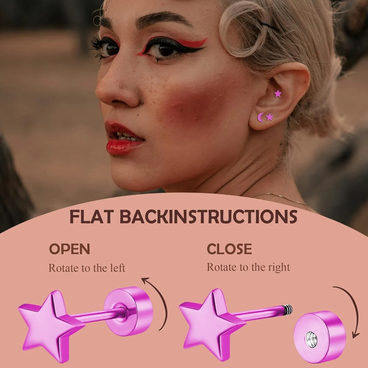 2 Pairs Flat Back Earrings Women, Titanium Star and Moon Earrings, Heart & CZ Flatback Stud, Butterfly & Lightning Screw Back, Crosses and Triangles Stud, Gold/Pink/Silver/Black Options