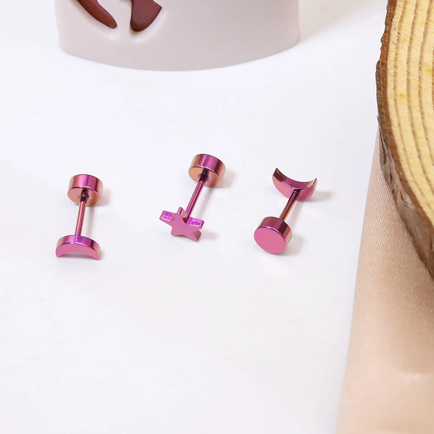 2 Pairs Flat Back Earrings Women, Titanium Star and Moon Earrings, Heart & CZ Flatback Stud, Butterfly & Lightning Screw Back, Crosses and Triangles Stud, Gold/Pink/Silver/Black Options