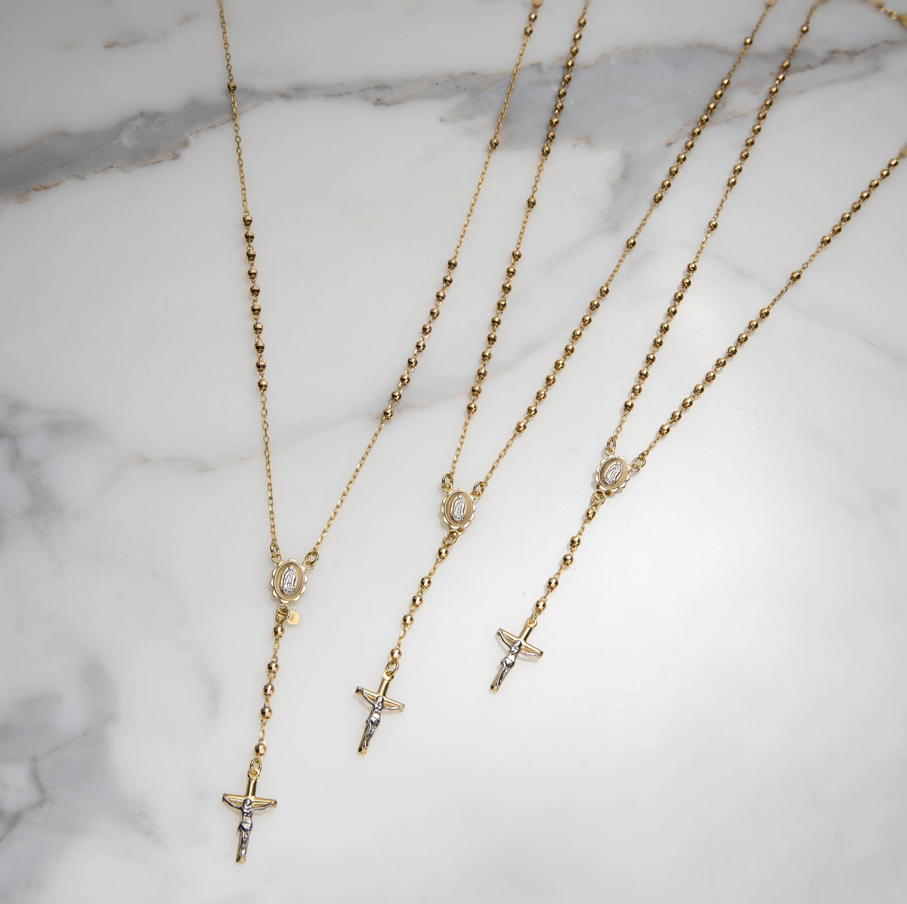 3mm Diamond-Cut Cross Rosary Crucifix Chain Necklace 10K Yellow Gold