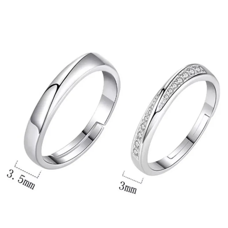 Adjustable Silver Plain Couple Promise Band Zircon Ring Set