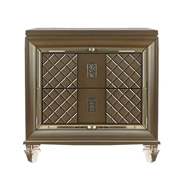 Benzara 2 Drawer Wooden Nightstand with Embossed Diamond Pattern, Champagne Gold