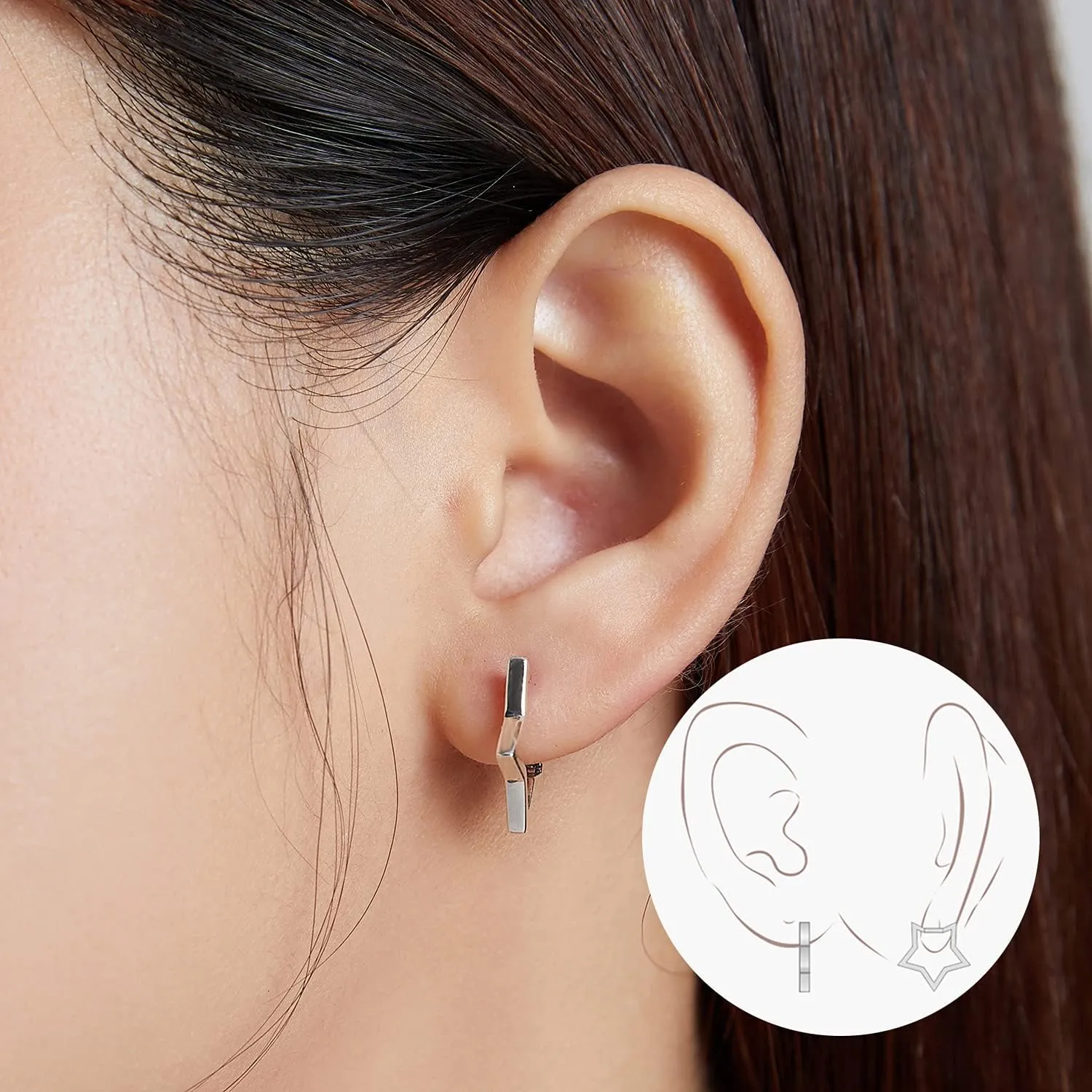 BISAER Star Earrings 925 Sterling Silver Cute Hoop Earrings for Women Hypoallergenic Small Sleeper Tragus Hoop Earrings Cartilage Jewelry Gifts