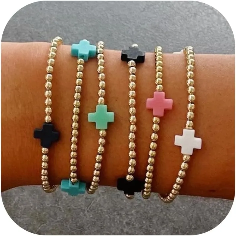 choice of all Gold Bracelets for Women Trendy Beaded Bracelet Non Tarnish Stack Cross Pearl Beaded Stretch Bracelets Jewelry Gifts for Women