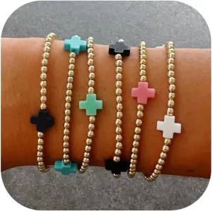choice of all Gold Bracelets for Women Trendy Beaded Bracelet Non Tarnish Stack Cross Pearl Beaded Stretch Bracelets Jewelry Gifts for Women