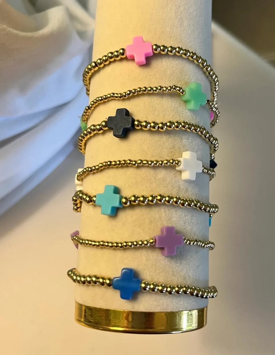 choice of all Gold Bracelets for Women Trendy Beaded Bracelet Non Tarnish Stack Cross Pearl Beaded Stretch Bracelets Jewelry Gifts for Women