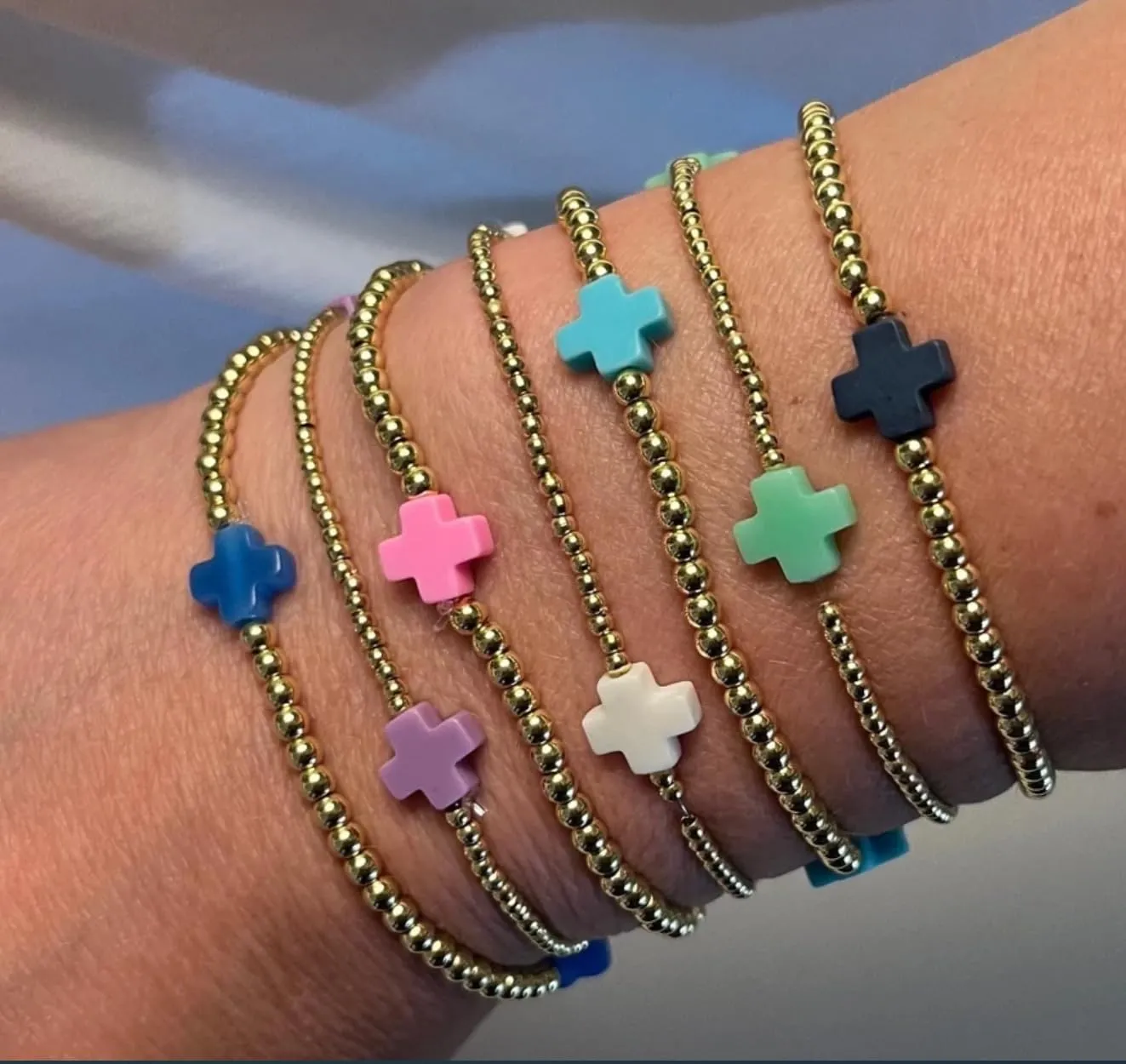 choice of all Gold Bracelets for Women Trendy Beaded Bracelet Non Tarnish Stack Cross Pearl Beaded Stretch Bracelets Jewelry Gifts for Women