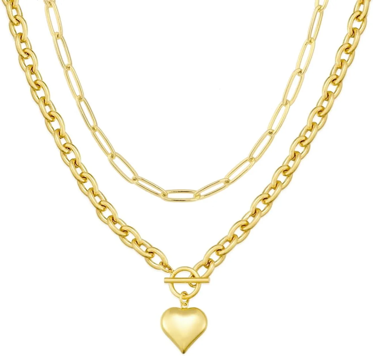 Chunky Gold Necklace for Women 14K Gold Plated Paperclip Chain Puffy Chunky Heart Pendant Necklace Charm Toggle Clasp Thick Chain Layered Necklaces Set Trendy Jewelry Gifts
