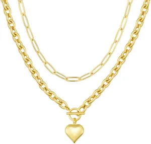 Chunky Gold Necklace for Women 14K Gold Plated Paperclip Chain Puffy Chunky Heart Pendant Necklace Charm Toggle Clasp Thick Chain Layered Necklaces Set Trendy Jewelry Gifts