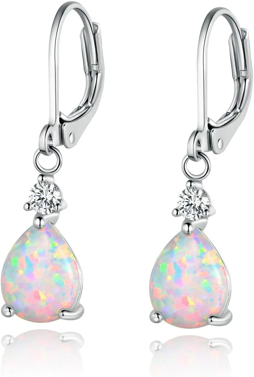 GEMSME White Gold Plated Teardrop Opal Dangle Earrings For Women