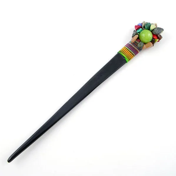 Handmade Thread Wrapped Buffalo Horn Hair Stick with Colorful Chips