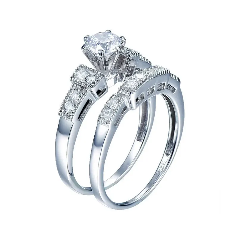 His & Her Tungsten 925 Sterling Silver Couple Wedding Engagement Promise Band Ring Set