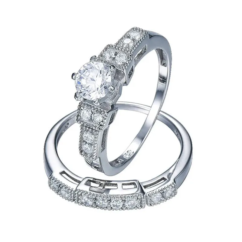His & Her Tungsten 925 Sterling Silver Couple Wedding Engagement Promise Band Ring Set