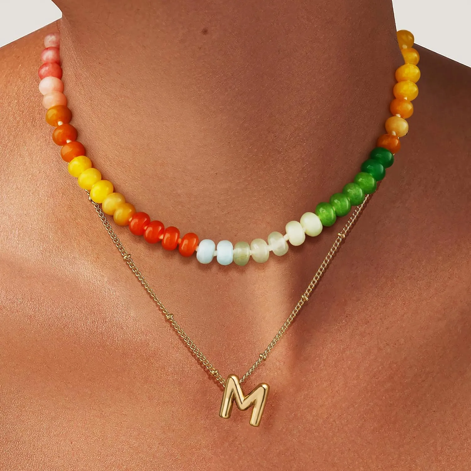 Honsny Beaded Necklaces for Women Set Bubble Letter Necklace Gold Layered Dainty Colorful Gemstone Choker Necklace 14K Gold Plated Initial Necklaces for Women Natural Stone Handmade Jewelry Gifts