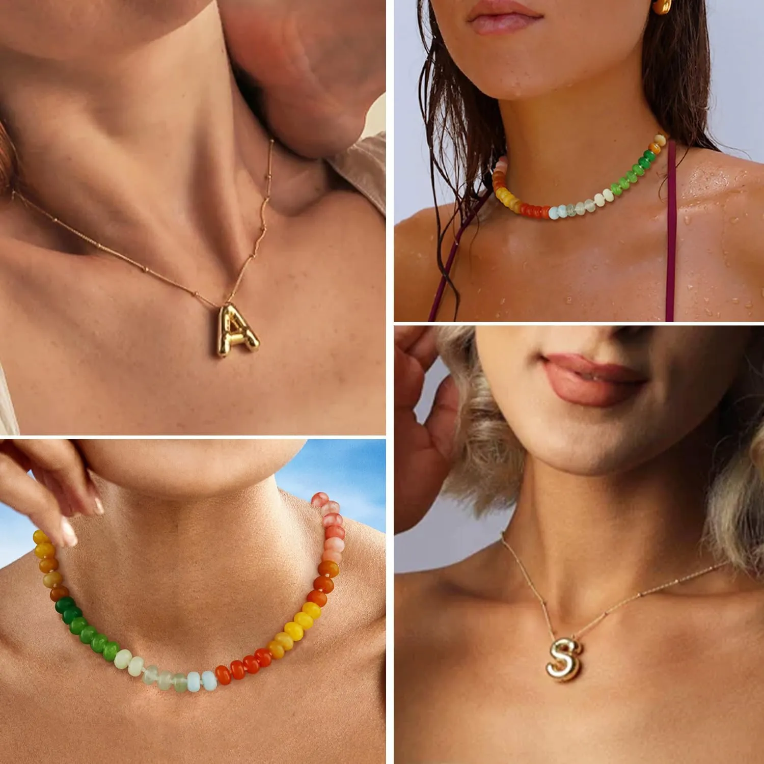 Honsny Beaded Necklaces for Women Set Bubble Letter Necklace Gold Layered Dainty Colorful Gemstone Choker Necklace 14K Gold Plated Initial Necklaces for Women Natural Stone Handmade Jewelry Gifts