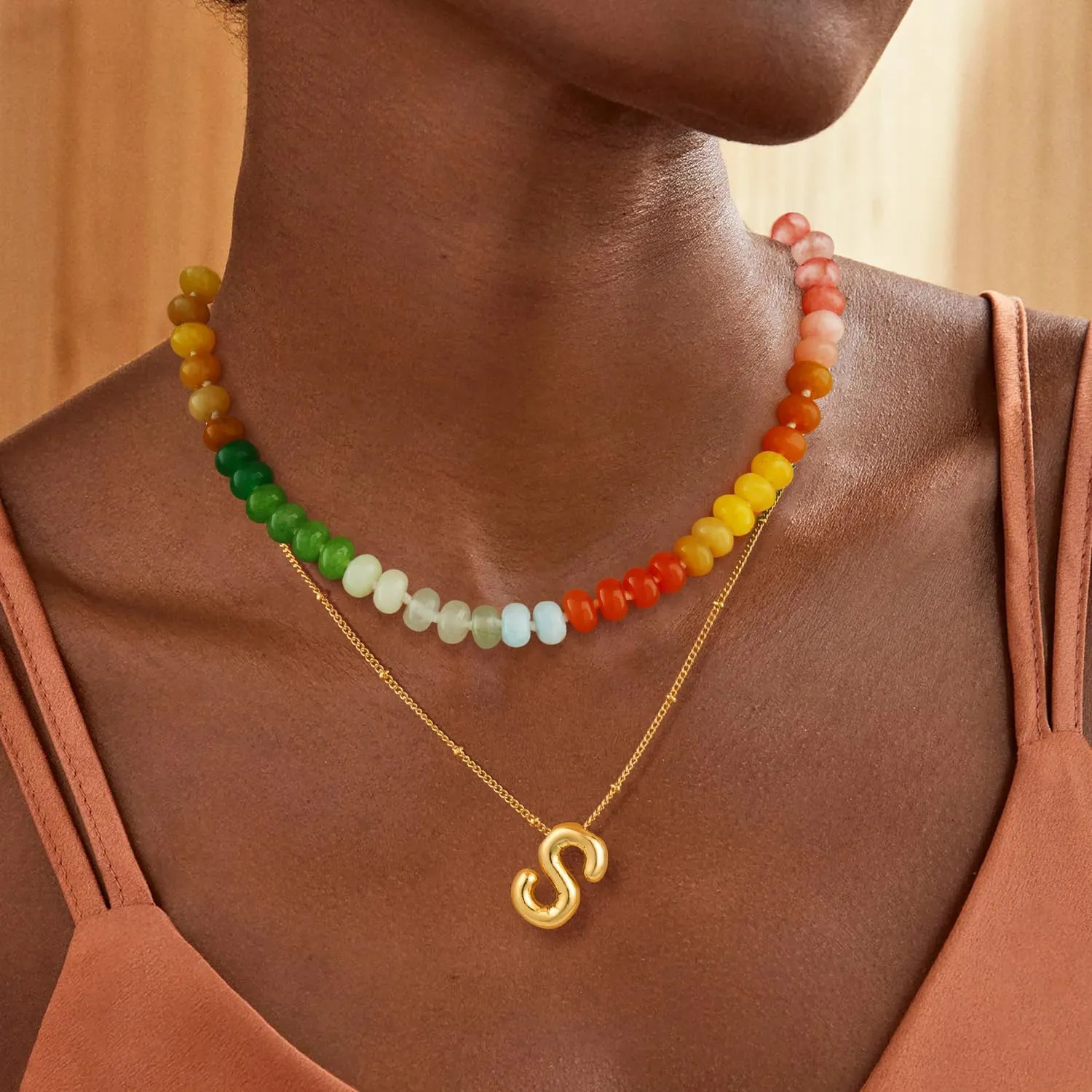 Honsny Beaded Necklaces for Women Set Bubble Letter Necklace Gold Layered Dainty Colorful Gemstone Choker Necklace 14K Gold Plated Initial Necklaces for Women Natural Stone Handmade Jewelry Gifts
