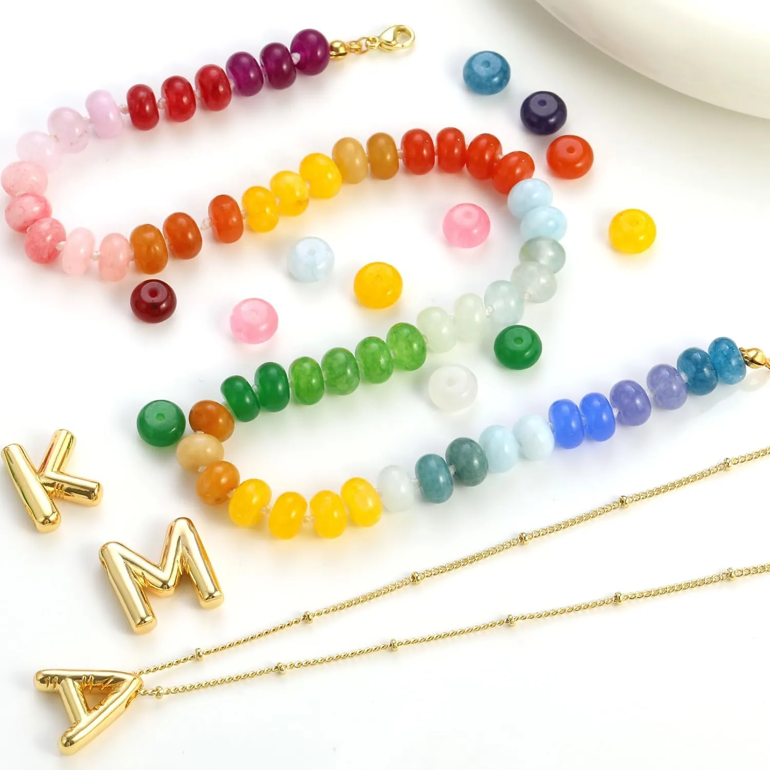 Honsny Beaded Necklaces for Women Set Bubble Letter Necklace Gold Layered Dainty Colorful Gemstone Choker Necklace 14K Gold Plated Initial Necklaces for Women Natural Stone Handmade Jewelry Gifts