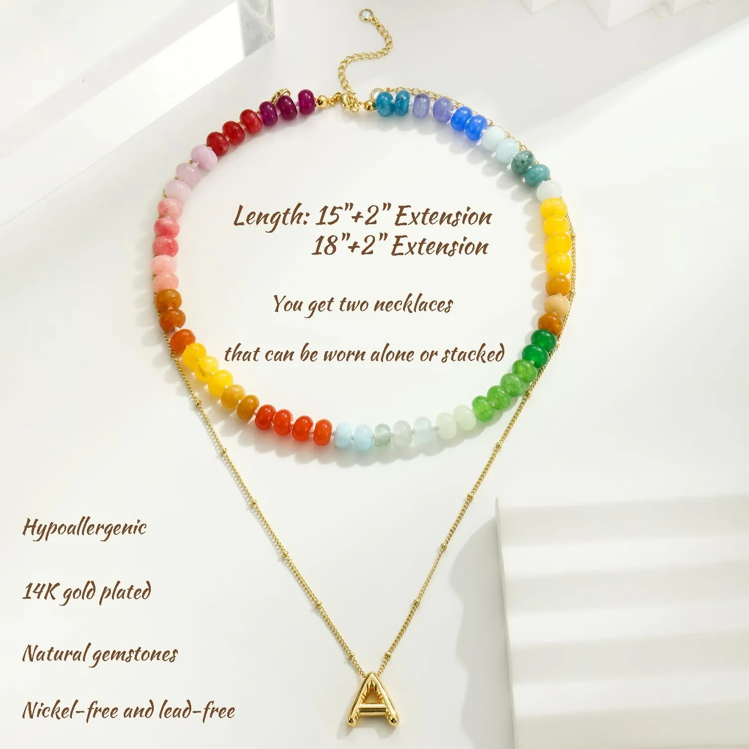 Honsny Beaded Necklaces for Women Set Bubble Letter Necklace Gold Layered Dainty Colorful Gemstone Choker Necklace 14K Gold Plated Initial Necklaces for Women Natural Stone Handmade Jewelry Gifts