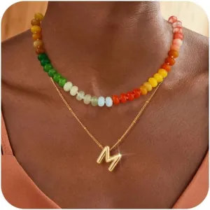 Honsny Beaded Necklaces for Women Set Bubble Letter Necklace Gold Layered Dainty Colorful Gemstone Choker Necklace 14K Gold Plated Initial Necklaces for Women Natural Stone Handmade Jewelry Gifts