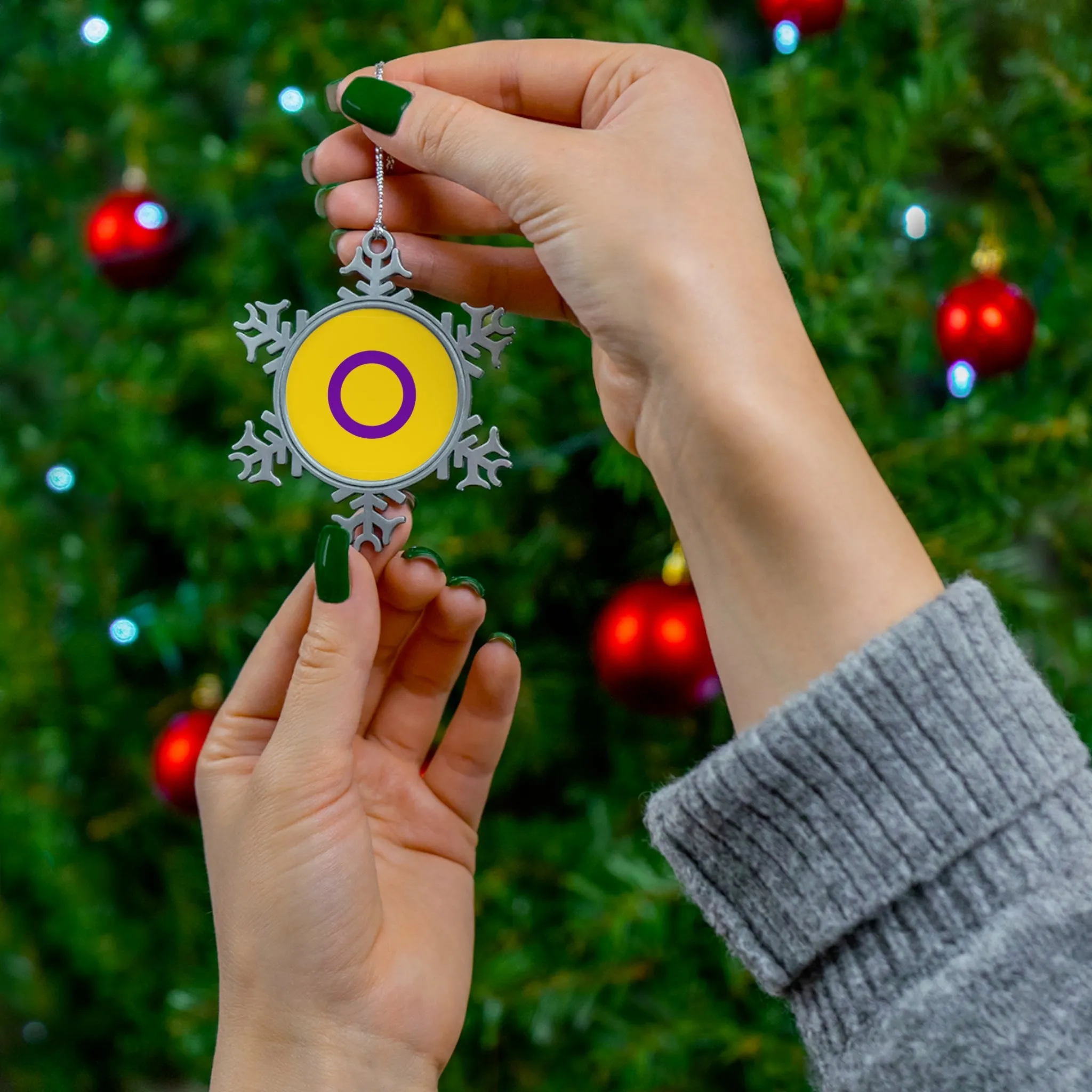 Intersex Pride Pewter Snowflake Ornament - Unique Holiday Decor with Vibrant Design