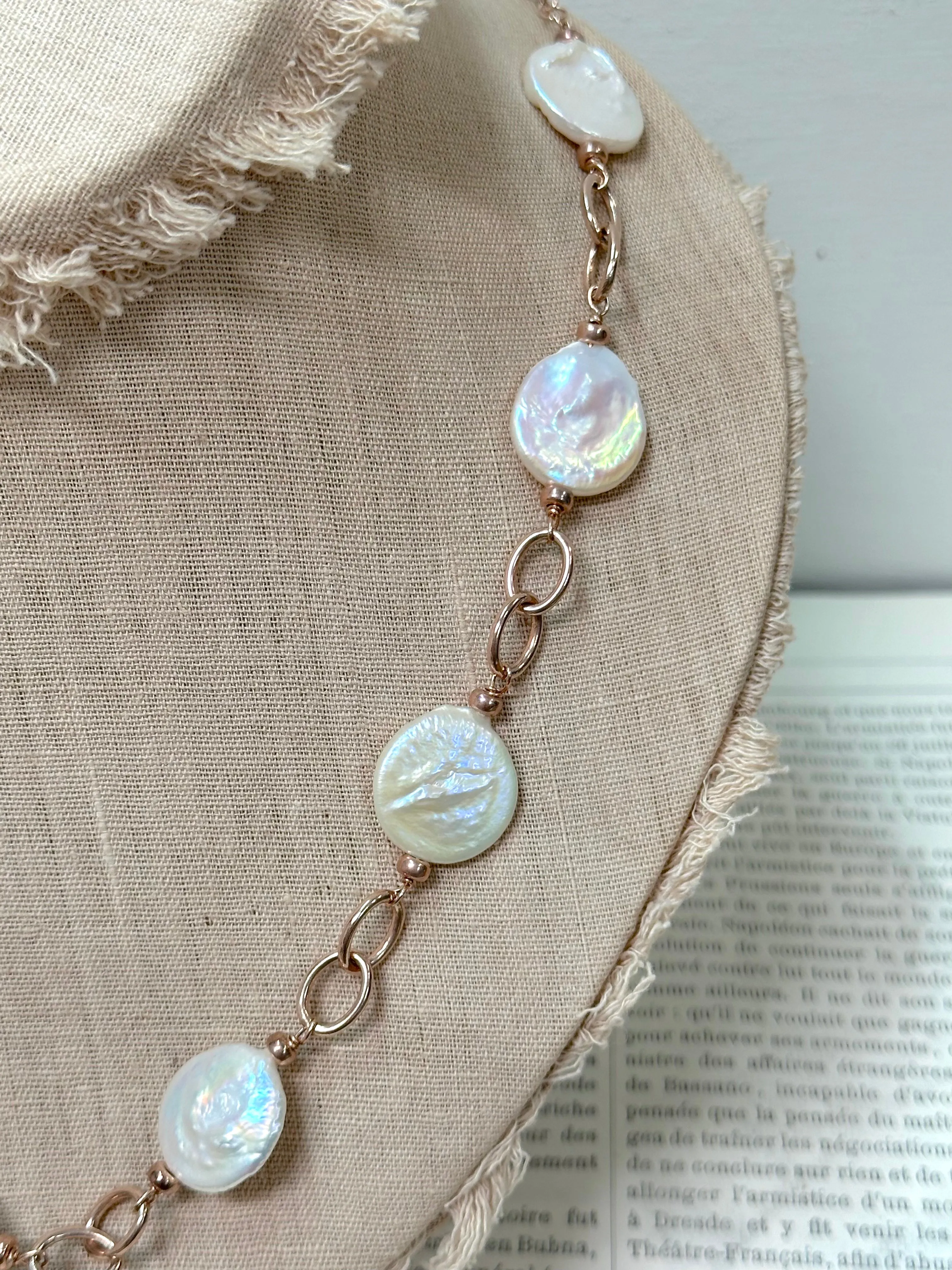 Italian White Coin Pearl Double Link Necklace