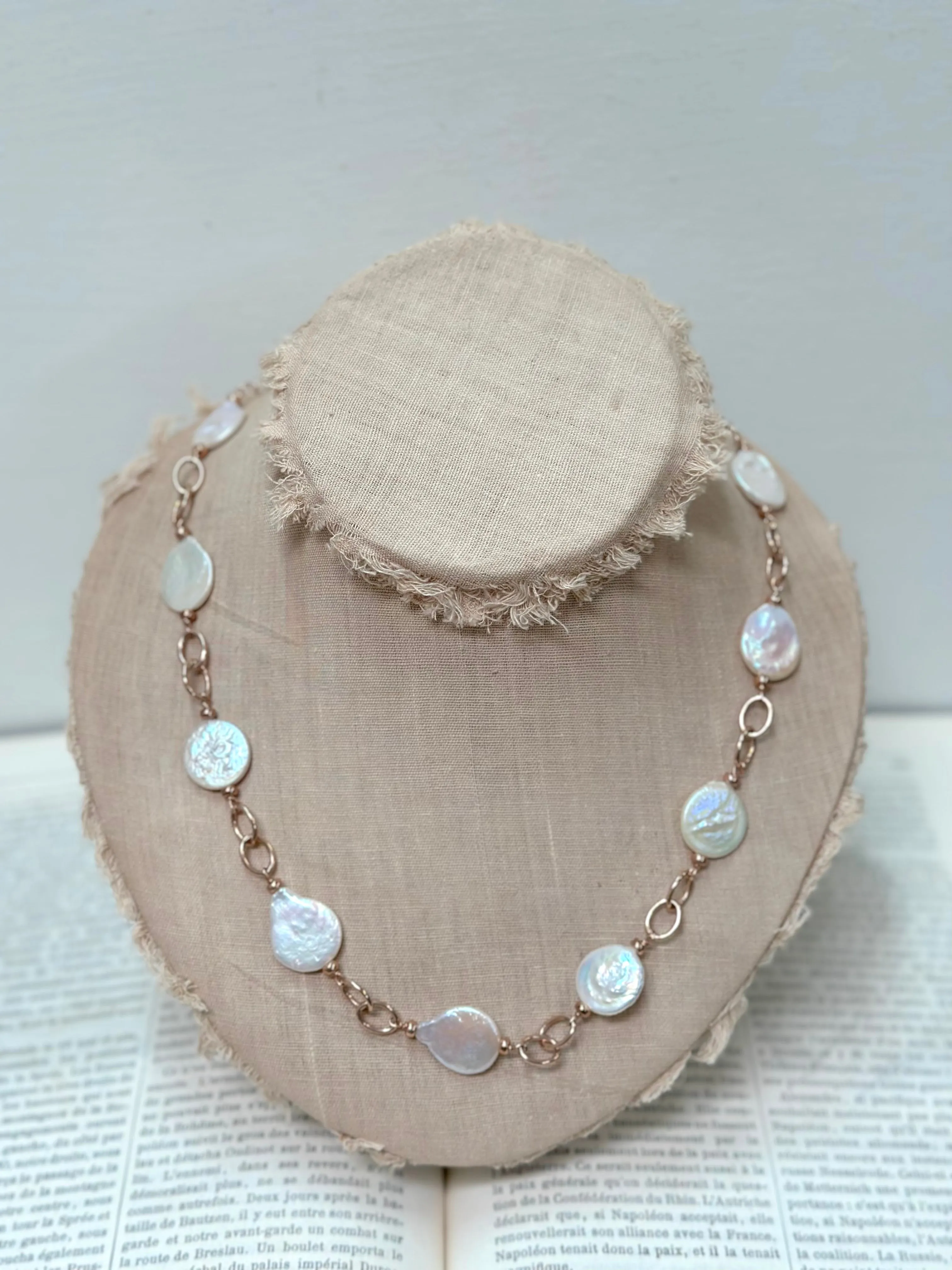 Italian White Coin Pearl Double Link Necklace