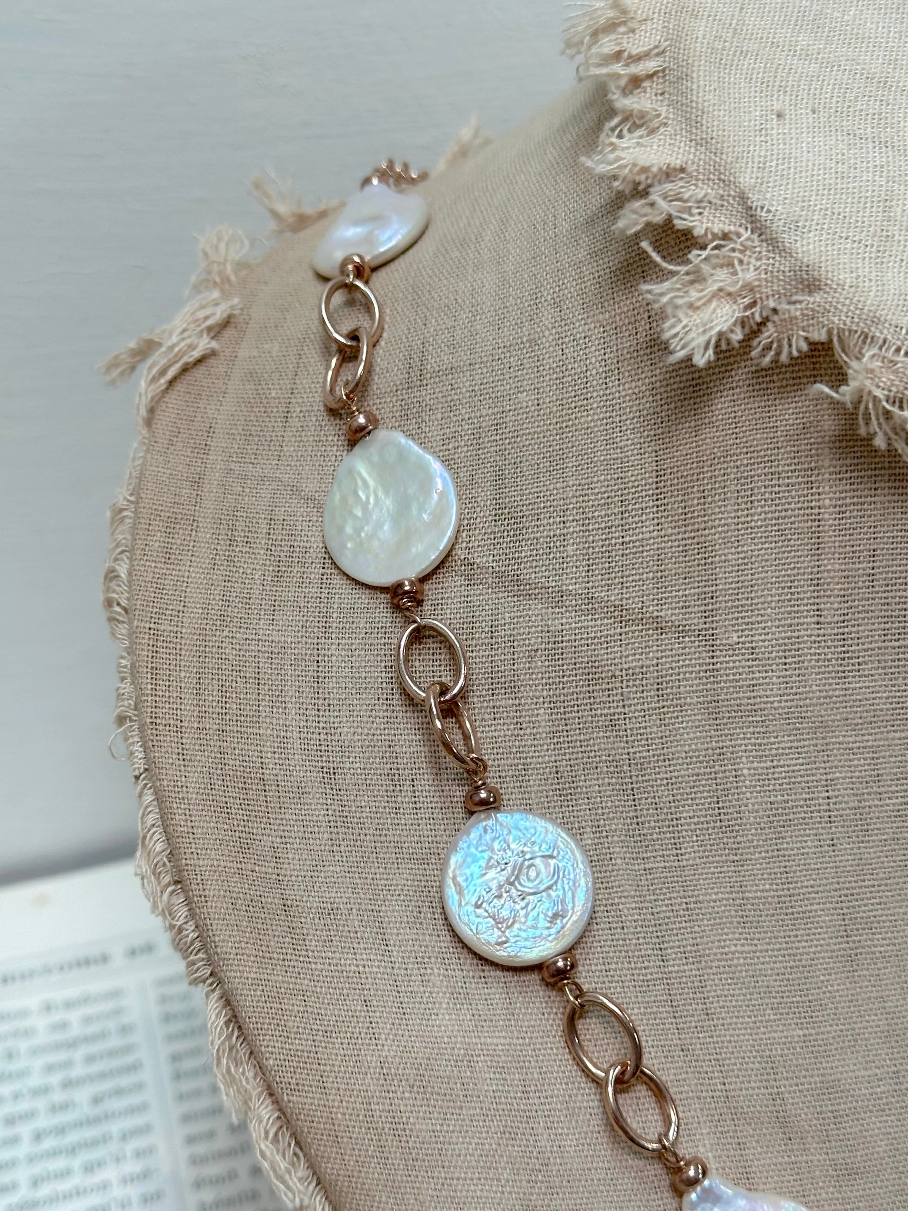 Italian White Coin Pearl Double Link Necklace