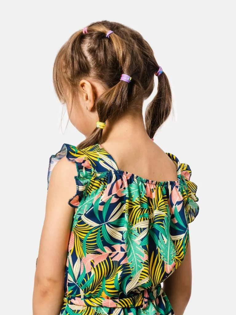 Junior Girl Stephanie French Collection Printed Short Sleeves Summer Romper with Waistband and Ruffles - Green
