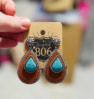 Leather and Turquoise Teardrop Stud back Earrings by 806