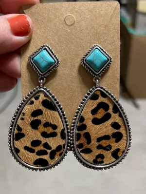 Leopard & Turquoise Stud Back Oval Earrings