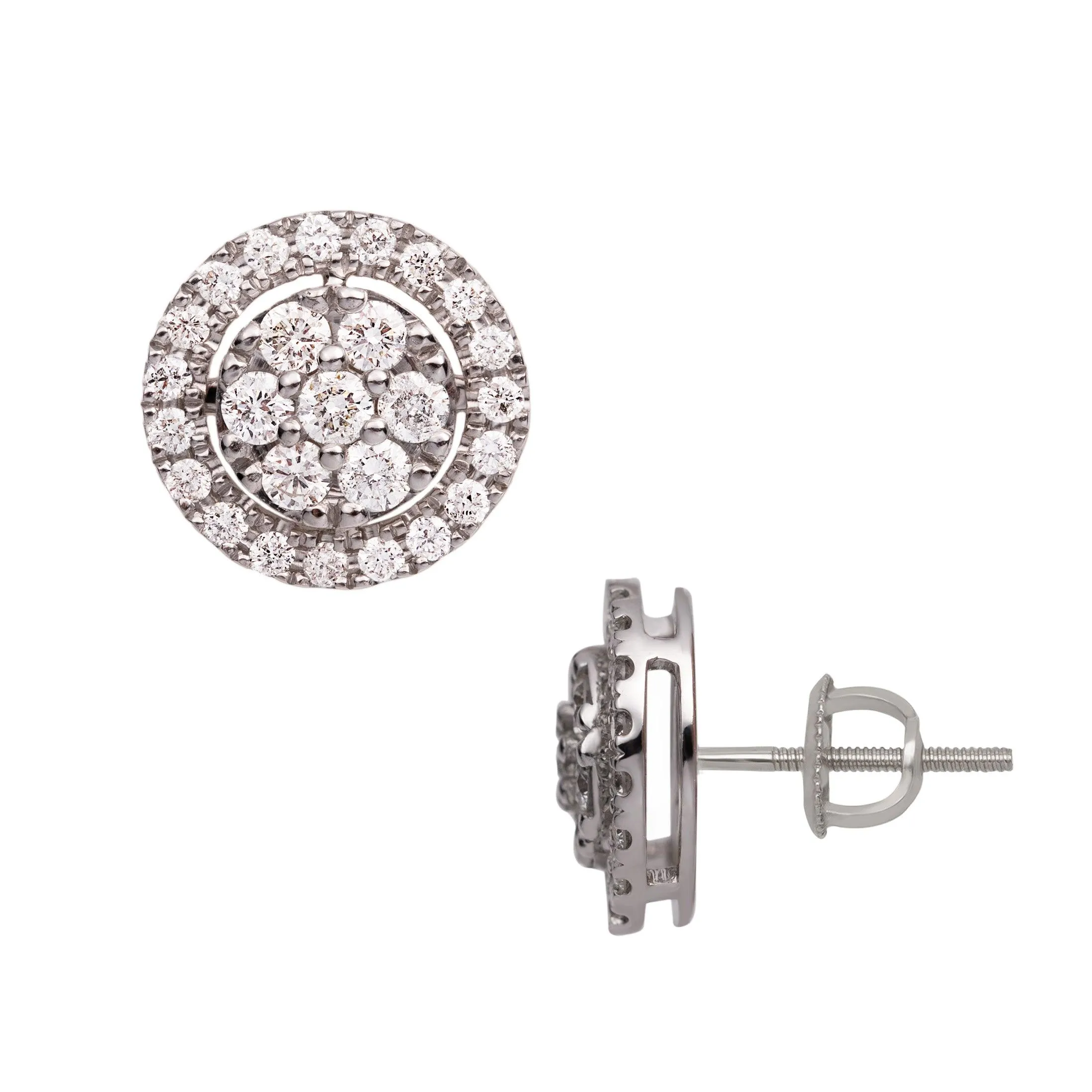 Men's Round Halo Cluster Diamond Stud Earrings 1.17ct 14K White Gold