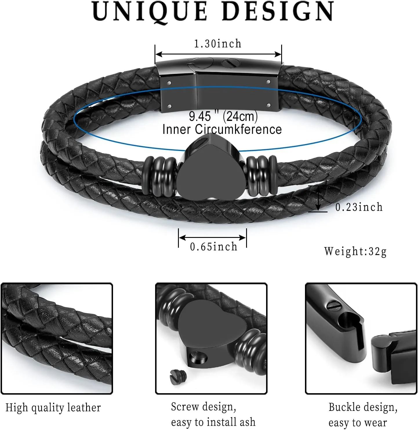 Oinsi Heart Urn Bracelet for Ashes, Cremation Jewelry Leather Bracelets for Men Women, Memorial Jewelry With Filling Kits