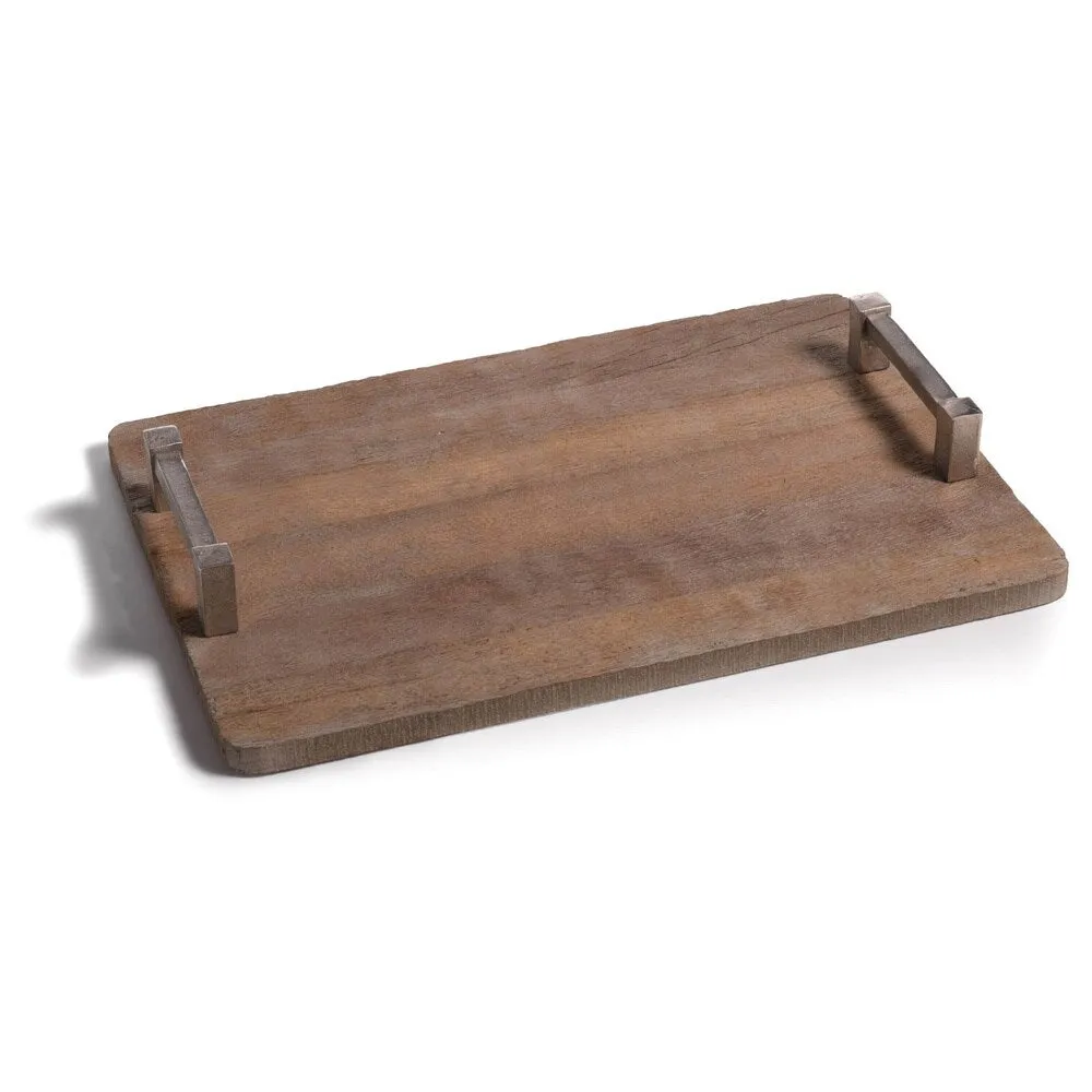 "Asval" 20" Long Reclaimed Wood Serving Tray, Raw Aluminum Handle