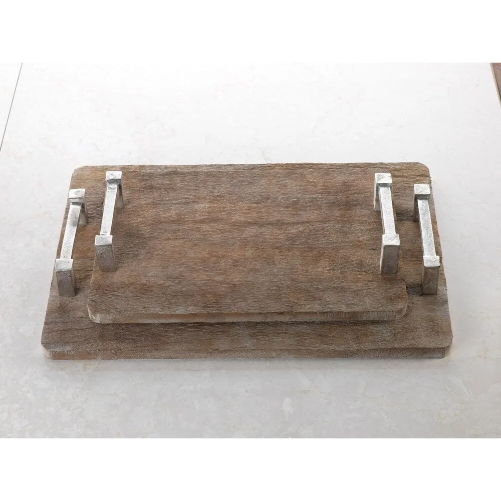 "Asval" 20" Long Reclaimed Wood Serving Tray, Raw Aluminum Handle