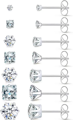 Square Round Stud Earrings Set 14Pcs Hypoallergenic Cubic Zirconia Diamond Titanium Stainless Steel Silver Gold Black Square Round CZ Cartilage Stud Earrings Jewelry Sets for Women Men,2-8mm Earrings