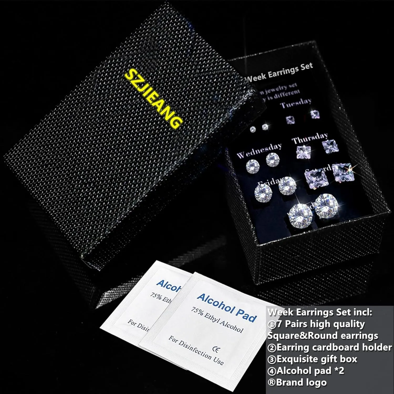 Square Round Stud Earrings Set 14Pcs Hypoallergenic Cubic Zirconia Diamond Titanium Stainless Steel Silver Gold Black Square Round CZ Cartilage Stud Earrings Jewelry Sets for Women Men,2-8mm Earrings