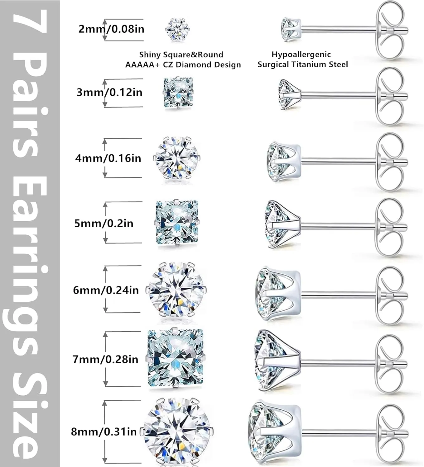 Square Round Stud Earrings Set 14Pcs Hypoallergenic Cubic Zirconia Diamond Titanium Stainless Steel Silver Gold Black Square Round CZ Cartilage Stud Earrings Jewelry Sets for Women Men,2-8mm Earrings