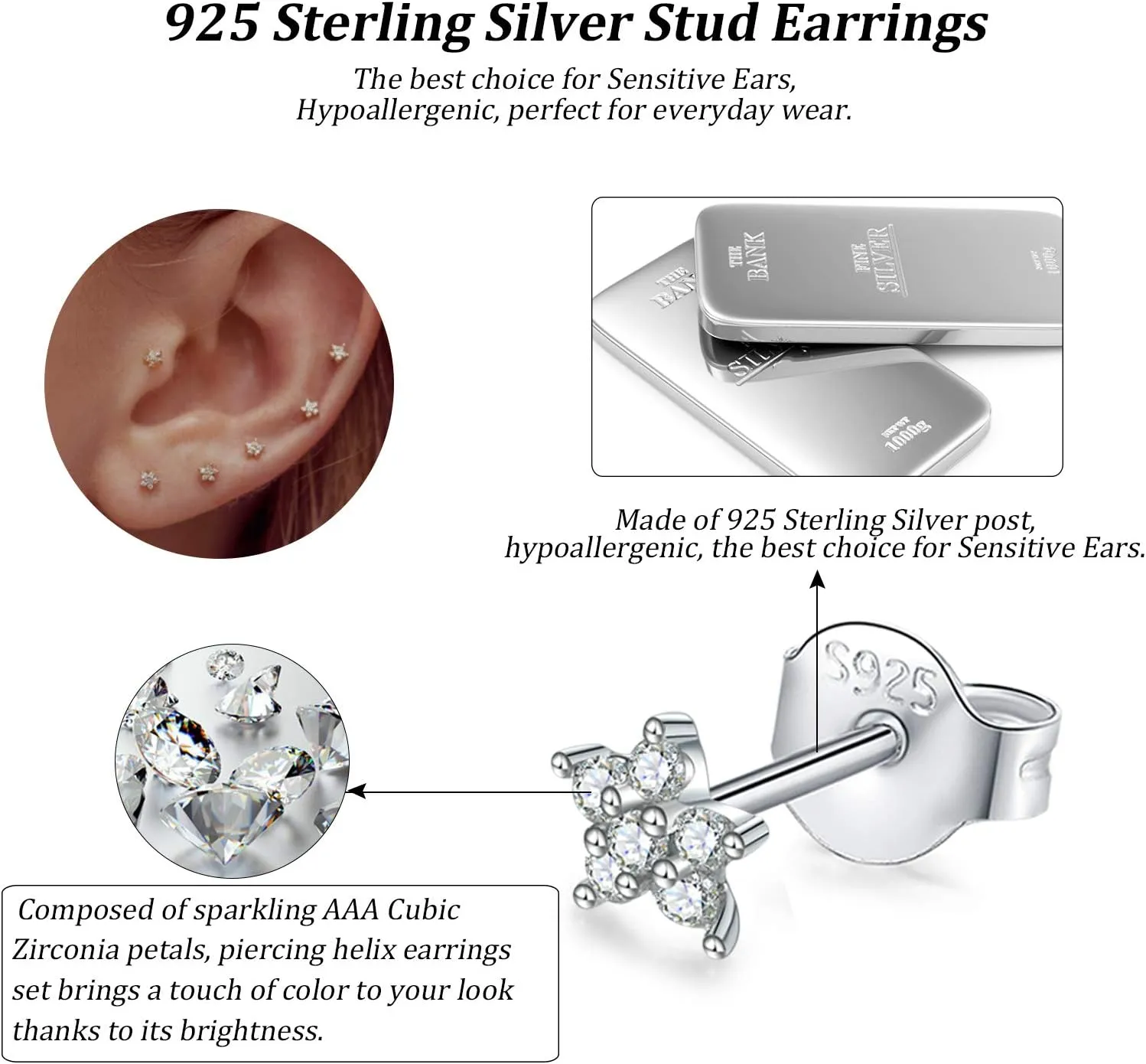 Sterling Silver Stud Earrings for Women, Tiny Flower Earrings Set, Small Cubic Zirconia Helix Earrings Dainty Tragus Cartilage Studs Cherry Blossom Ear Piercing Jewelry Gifts for Teens