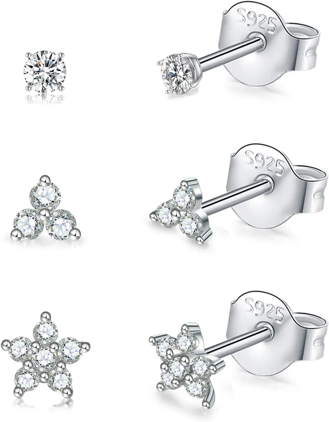 Sterling Silver Stud Earrings for Women, Tiny Flower Earrings Set, Small Cubic Zirconia Helix Earrings Dainty Tragus Cartilage Studs Cherry Blossom Ear Piercing Jewelry Gifts for Teens