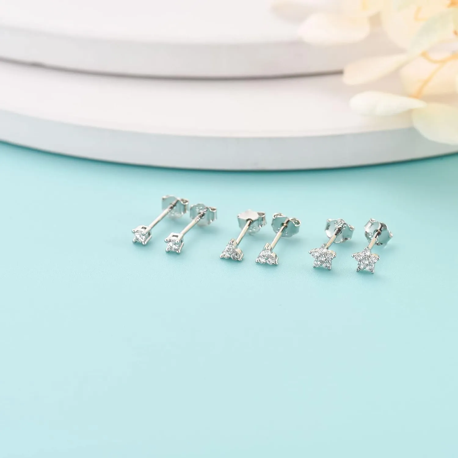 Sterling Silver Stud Earrings for Women, Tiny Flower Earrings Set, Small Cubic Zirconia Helix Earrings Dainty Tragus Cartilage Studs Cherry Blossom Ear Piercing Jewelry Gifts for Teens
