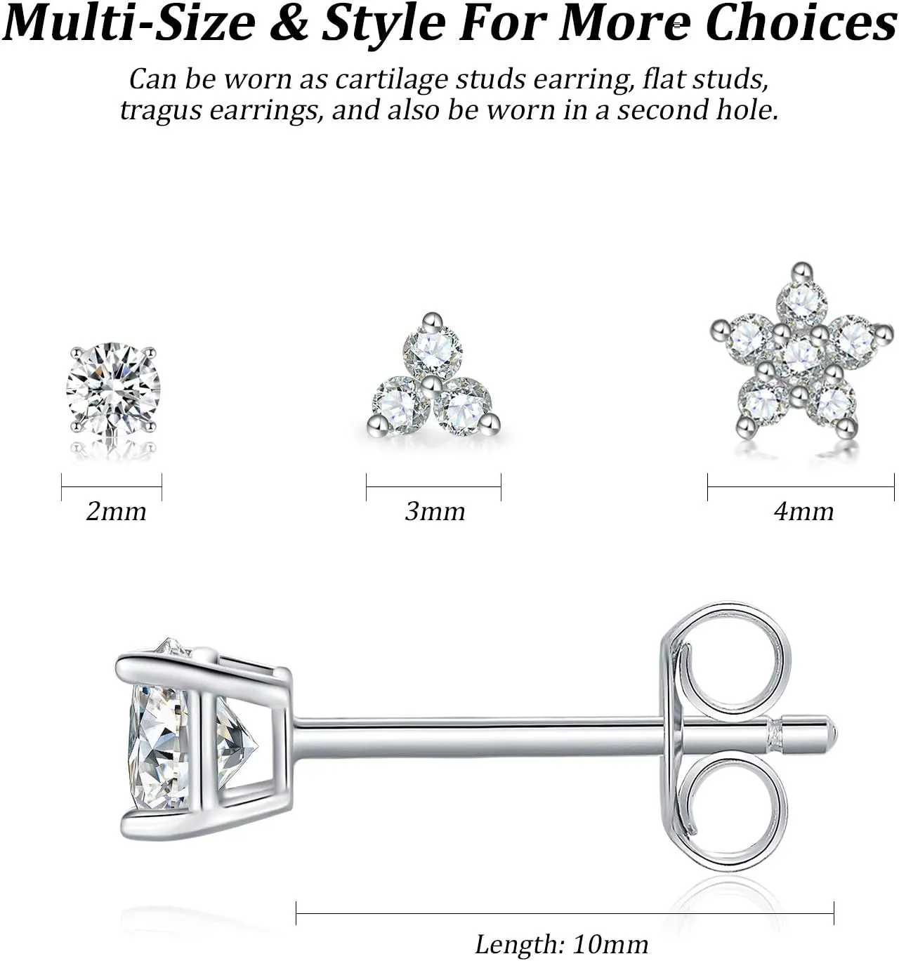 Sterling Silver Stud Earrings for Women, Tiny Flower Earrings Set, Small Cubic Zirconia Helix Earrings Dainty Tragus Cartilage Studs Cherry Blossom Ear Piercing Jewelry Gifts for Teens