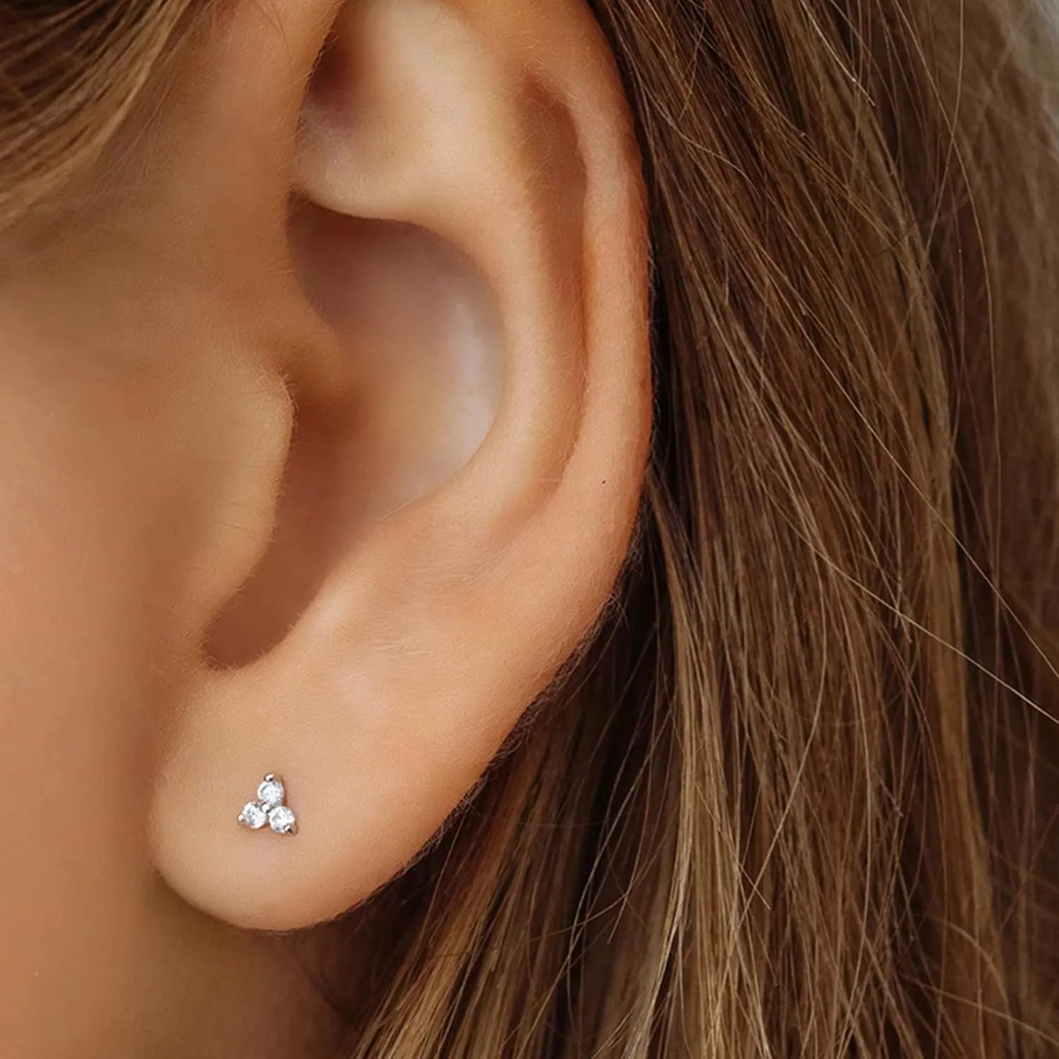 Sterling Silver Stud Earrings for Women, Tiny Flower Earrings Set, Small Cubic Zirconia Helix Earrings Dainty Tragus Cartilage Studs Cherry Blossom Ear Piercing Jewelry Gifts for Teens