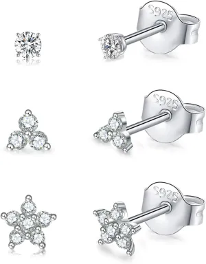 Sterling Silver Stud Earrings for Women, Tiny Flower Earrings Set, Small Cubic Zirconia Helix Earrings Dainty Tragus Cartilage Studs Cherry Blossom Ear Piercing Jewelry Gifts for Teens
