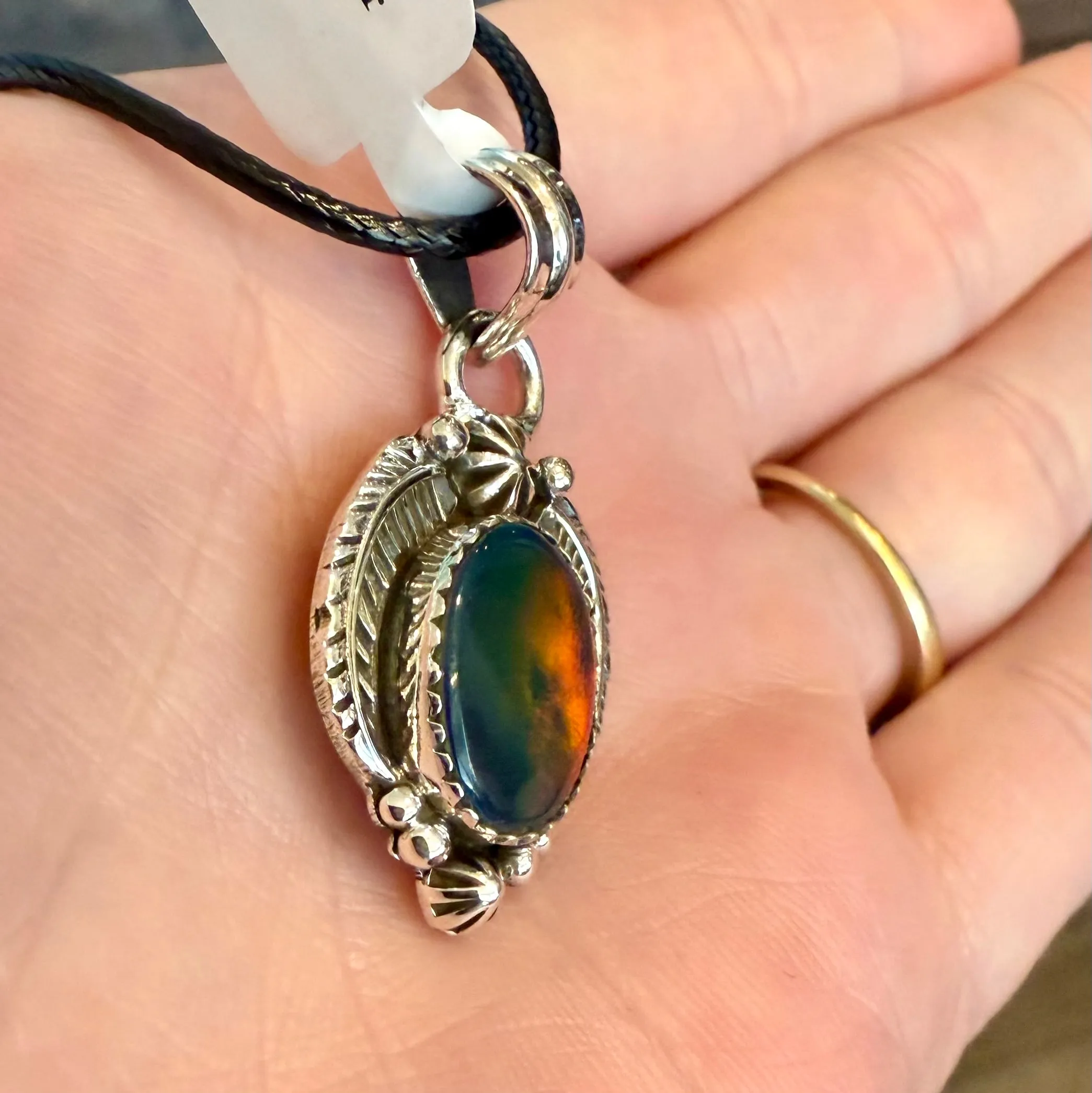 Stunning Aurora Opal Pendant 925 Sterling Silver Feather Southwestern Framed New