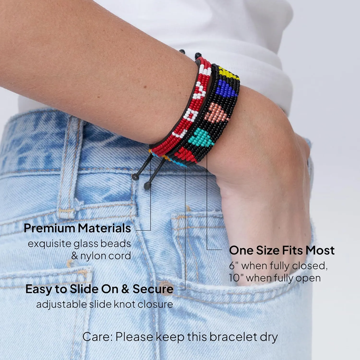 Ubuntu Life Beaded Leather LOVE Bracelet  Handmade Genuine Leather and Glass Bead Bracelet with Slide Closure, Stackable Bracelets for Women and Men