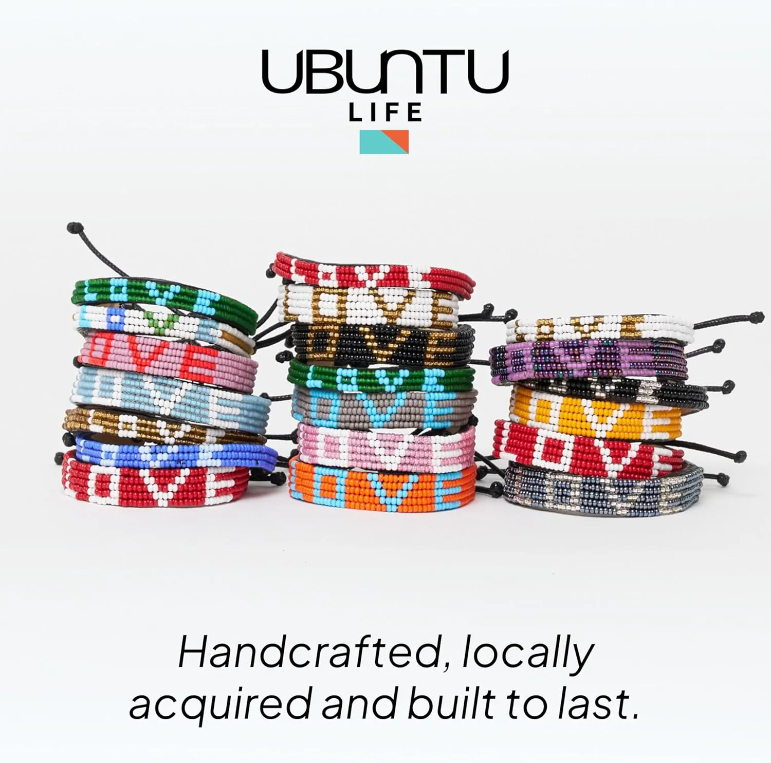 Ubuntu Life Beaded Leather LOVE Bracelet  Handmade Genuine Leather and Glass Bead Bracelet with Slide Closure, Stackable Bracelets for Women and Men