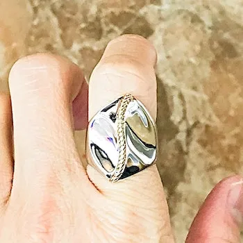Unique Irregular Bean Shape Shiny Metallic Two Tone Silver Ring